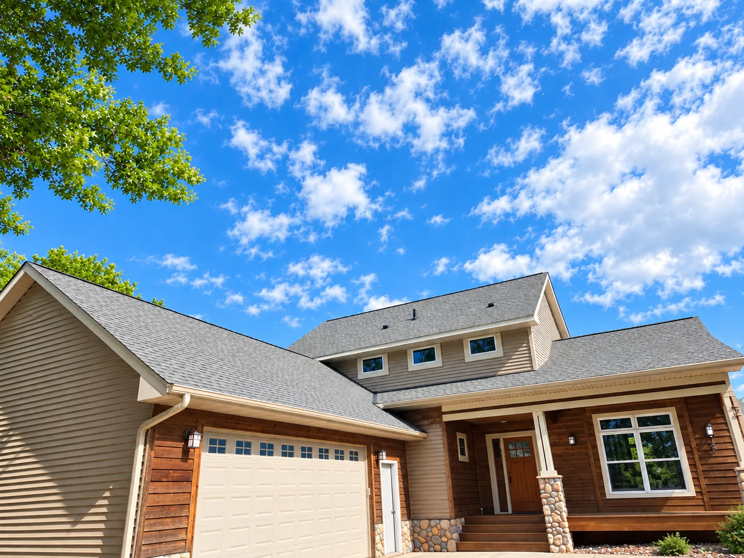 Completed gray shingle roof on a multi-level home