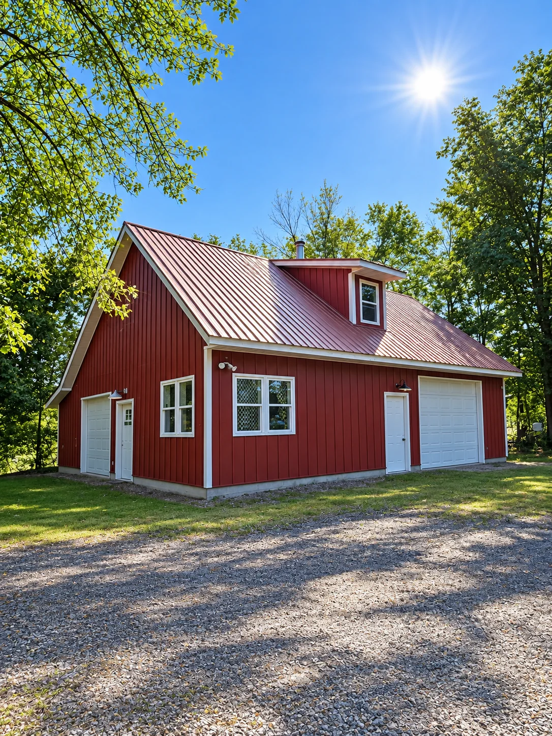 Completed red metal roof on a detached residential garage
