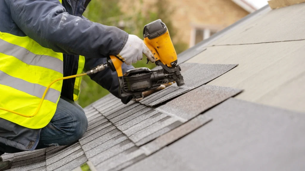 roof tech in yellow safety vest installing shingles onto a sloped roof