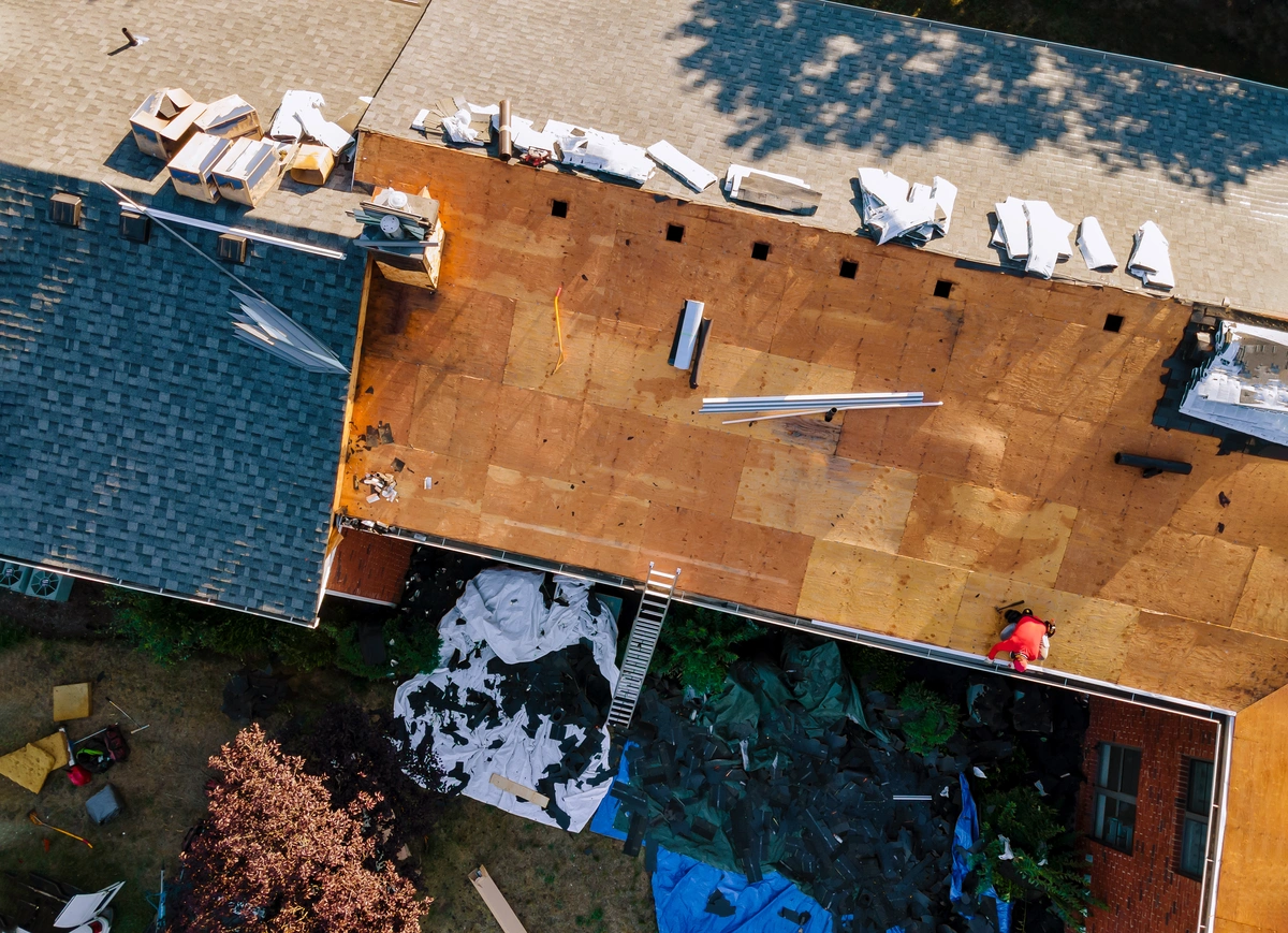 roof replacement-arial view of roof being replaced