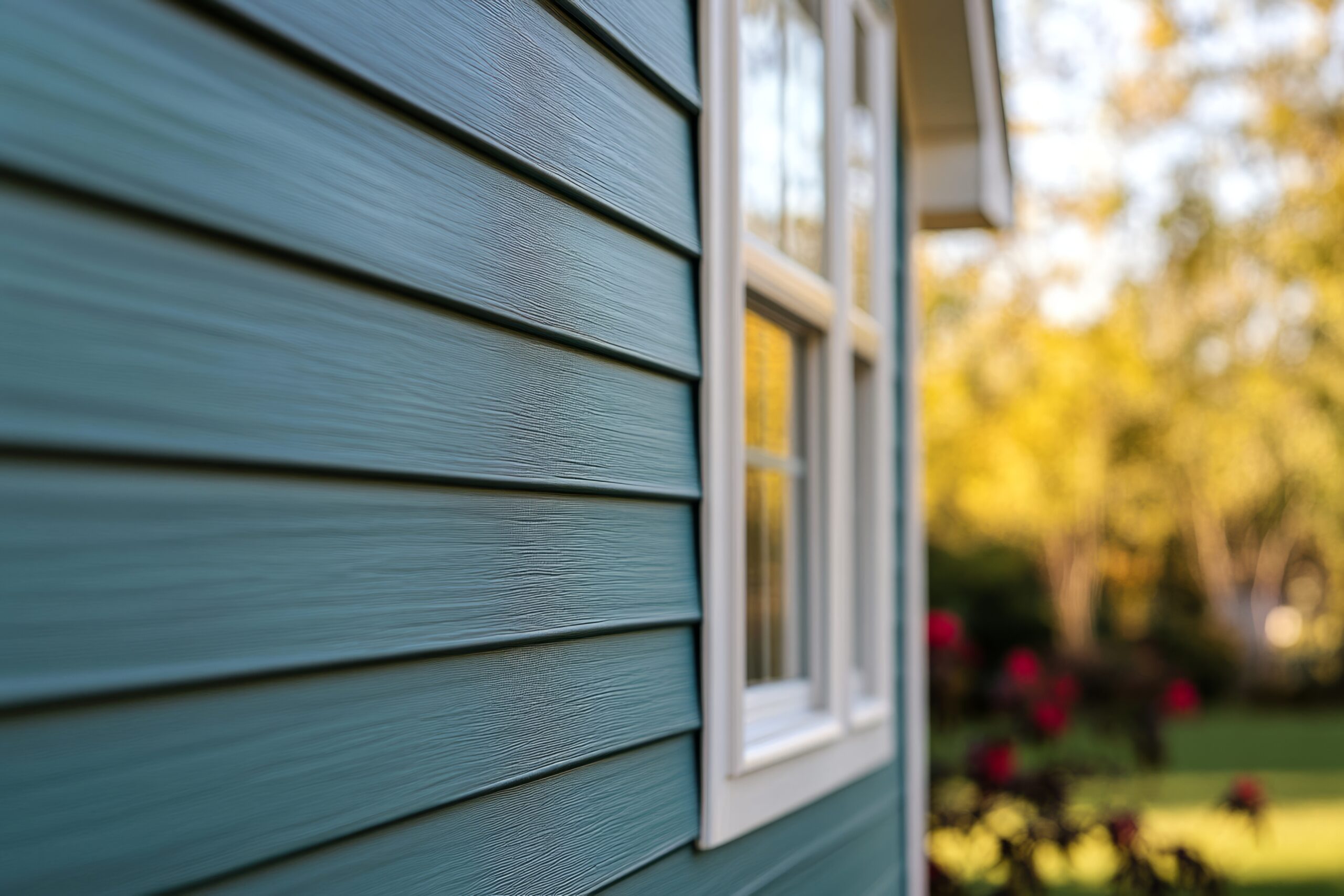 Close-up of textured lap siding and window trim on a home exterior